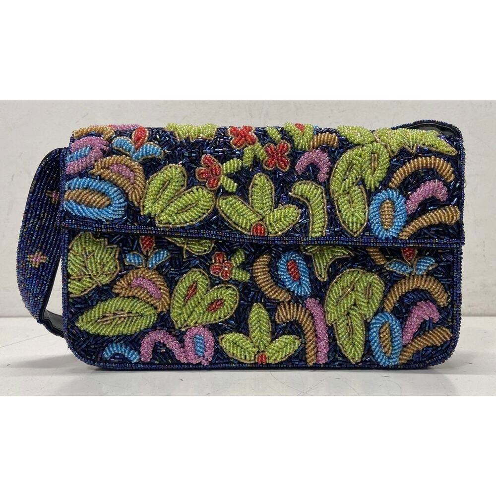Floral Leaf Decorative Beaded Blue, Green and Pink Shoulder Bag